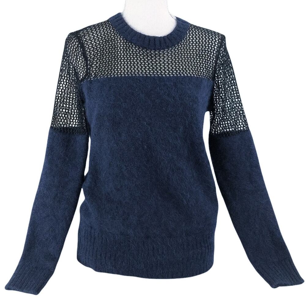 AllSaints Minako Navy Blue Mesh Long Sleeve Angora Blend Sweater Top Size 4